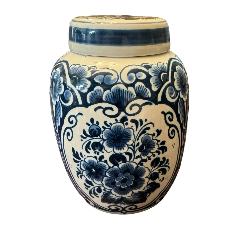 Vintage 1960s Danish Delft Fine Porcelain Ginger Jar With Lid